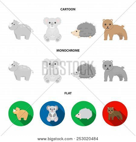 Rhino, Koala, Panther, Hedgehog.animal Set Collection Icons In Cartoon, Flat, Monochrome Style Vecto