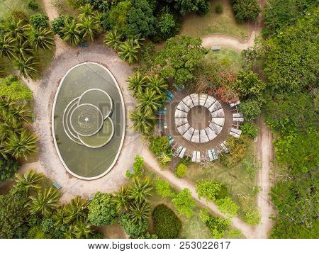 Aerial View Of Circular Childrens Playground And Pond In Park In Barra Da Tijuca, Rio De Janeiro. Dr