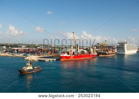 Bridgetown, Barbados - December 12, 2015: Sea Port. Ships Docked In Port. Container Port With Bf Let