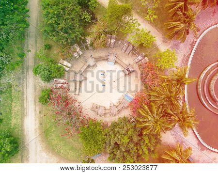 Aerial View Of Childrens Playground In Park In Barra Da Tijuca, Rio De Janeiro. Drone Pov Shows Geom