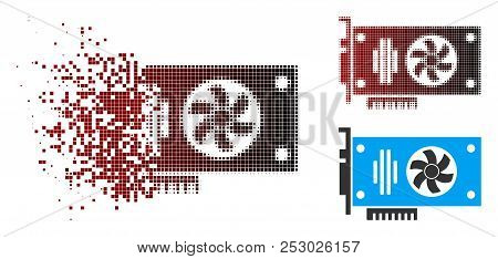 Vector Videocard Icon In Sparkle, Dotted Halftone And Undamaged Solid Versions. Disintegration Effec