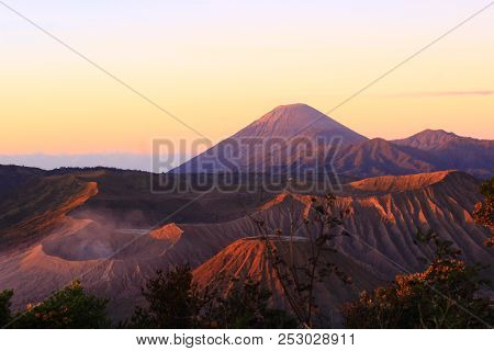 Morning On Mount Bromo See The Peak Of Mahameru.