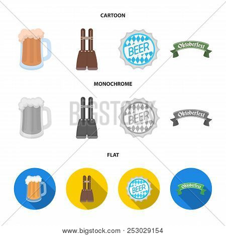 Shorts With Suspenders, A Glass Of Beer, A Sign, An Emblem. Oktoberfest Set Collection Icons In Cart
