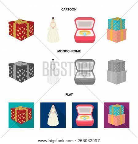 Wedding And Attributes Cartoon , Flat, Outline, Black Icons In Set Collection For Design.newlyweds A