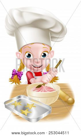 A Happy Girl Baker In Chefs Hat Stirring A Bowl Of Cake Mix With A Wooden Spoon