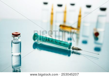 Medical Vaccine Vial Hypodermic Injection Treatment Disease Care In Hospital And Prevention Illness.