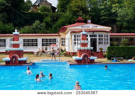 Mseno, Czech Republic - July 22 2018: People Swimming In Art Deco Mestske Lazne - City Baths On July