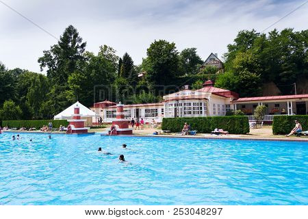 Mseno, Czech Republic - July 22 2018: People Swimming In Art Deco Mestske Lazne - City Baths On July