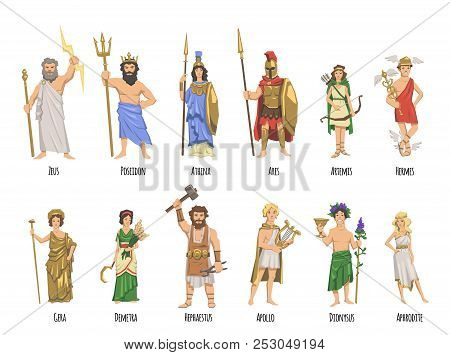 Pantheon Of Ancient Greek Gods, Mythology. Set Of Characters With Names. Flat Vector Illustration. I