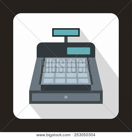 Cash Register Icon In Flat Style With Long Shadow. Tehnique And Money Symbol