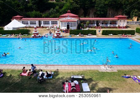 Mseno, Czech Republic - July 22 2018: People Swimming In Art Deco Mestske Lazne - City Baths On July