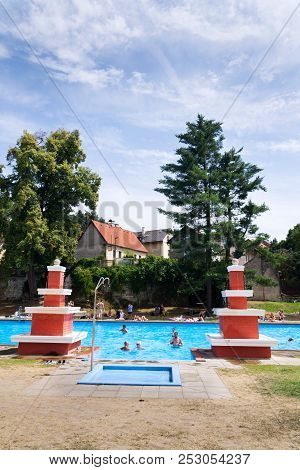Mseno, Czech Republic - July 22 2018: People Swimming In Art Deco Mestske Lazne - City Baths On July