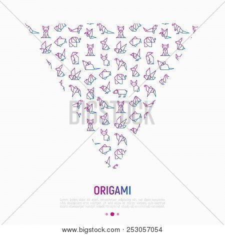 Origami Concept In Triangle With Thin Line Icons: Penguin, Camel, Fox, Bear, Sparrow, Fish, Mouse, B