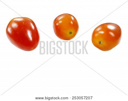 Top View Of Cherry Tomatoes Isolated On White Background (solanum Lycopersicum Var. Cerasiforme), Tr