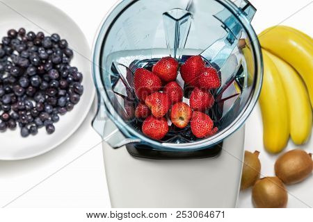Series Of Shots. Photo 4. Blender In A Top View, With Ingredients For A Smoothie. In This Series We 