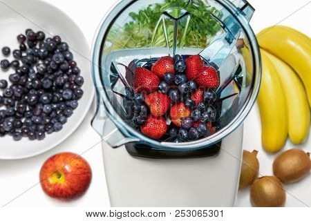 Series Of Shots. Photo 7. Blender In A Top View, With Ingredients For A Smoothie. In This Series We 
