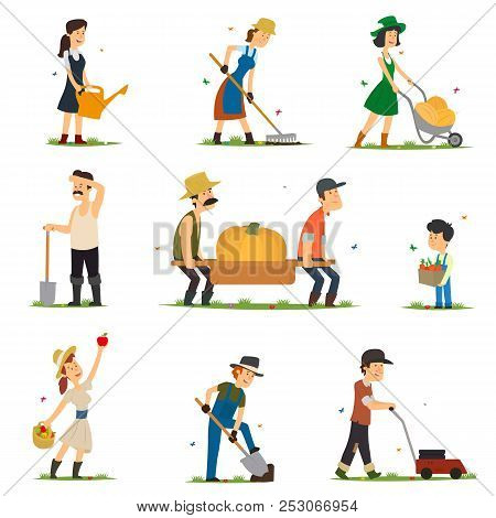 Adults And Children Work On The Farm. People Are Engaged In Farming. Vector