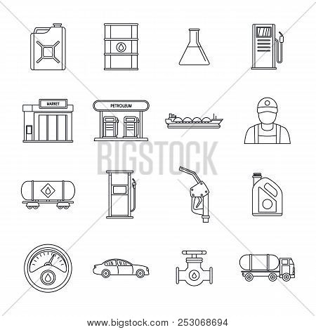 Petrol Station Gas Fuel Shop Icons Set. Outline Illustration Of 16 Petrol Station Gas Fuel Shop Icon