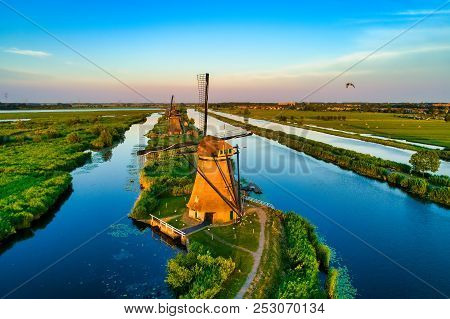 Aerial View Of Traditional Windmills In Kinderdijk, The Netherlands.