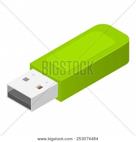 Green Usb Flash Icon. Isometric Of Green Usb Flash Icon For Web Design Isolated On White Background