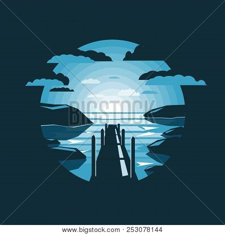 Sea Landscape, Silhouette Of Pier, . View With Mounts On A Beach. Negative Space.flat Design
