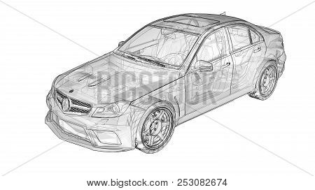 Transparent Super Fast Sports Car Delineated Lines On A White Background. Body Shape Sedan. Tuning I