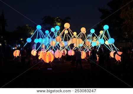 Beer Sheva, Israel - August 08, 2018: Festival Of Light In Beer Sheva 2018. Giant Molecule Model Glo