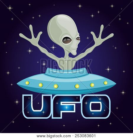 Cute Green Alien Extraterrestrial On A Cosmic Background.