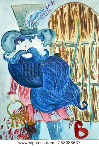 Watercolor Ariginal Work Of Magic Hand Drawn Character Design Of Bluebeard And Keys