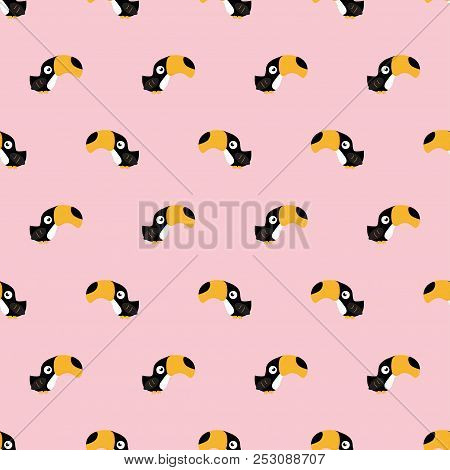 Seamless Pattern With Tukan On Pink, Simple Background With Birds, Bright Wallpapers With Exotic Bir