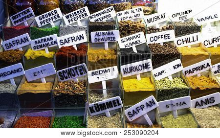 Background Of Different Dry Color Spices In Boxes
