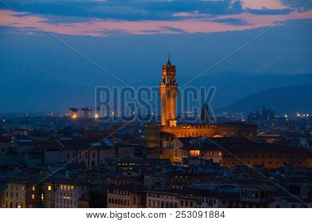 Florence, Italy - September 08, 2017: Arnolfo Tower Of Palazzo Vecchio On The Piazza Della Signoria 
