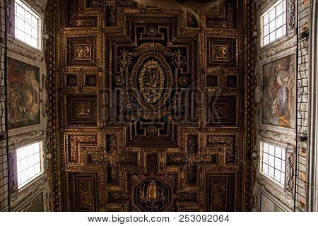 Rome, Italy - September 12, 2017: Ceiling In Basilica Of Santa Maria In Aracoeli. Details And Interi
