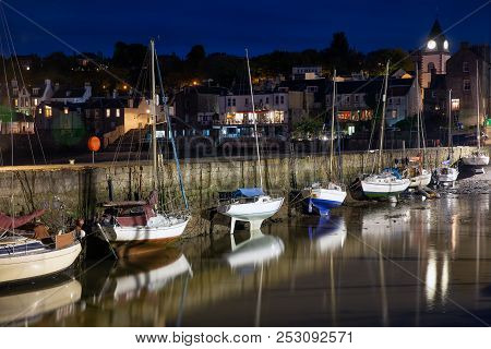 Harbor Queensferry At Night Near Forth Bridge Edinburgh, Scotland