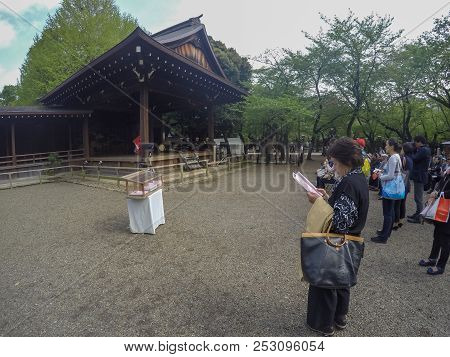 Tokyo, Japan - April 27, 2016: People Watching The Traditional Show At Yasukuni Shrine