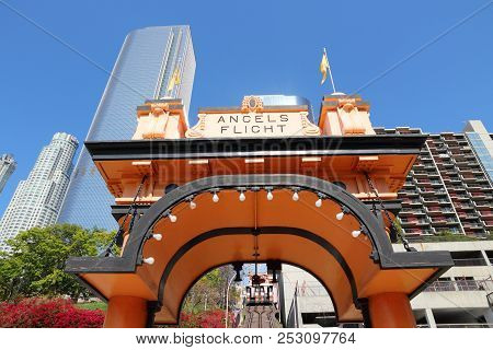 Los Angeles, Usa - April 5, 2014: Angels Flight Narrow Gauge Funicular In Los Angeles. The Short Fun