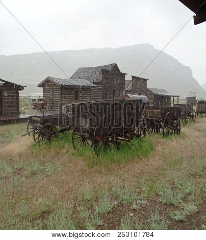 Cody, Wyoming/united States:  June 23, 2018:  A Old Western Street Scene During A Rain Storm At The 