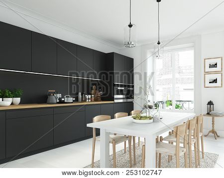 Modern Nordic Kitchen In Loft Apartment. 3d Rendering