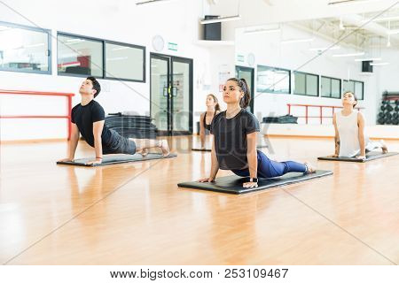 Determined Male And Female Athletes Doing Upward Facing Dog Exercise On Mats In Gym