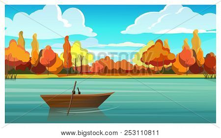 Lake With Empty Boat And Autumn Trees In Background. Nature, Countryside Concept. Flat Style Vector 