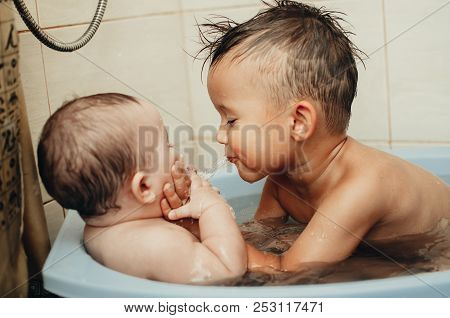 Children, Brother And Sister In The Bathroom