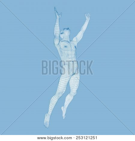 Silhouette Of A Jumping Man. 3d Model Of Man. Geometric Design. Polygonal Covering Skin. Human Body 