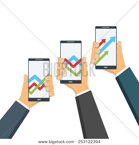 Businessmen Hold A Gadgets, Phones With Statistical Graphs On The Screen. Profit, Partnership Concep