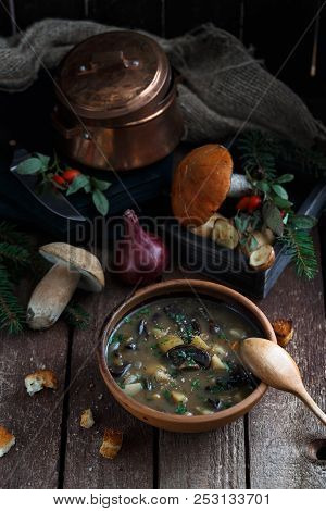 Mushroom Soup In Ceramic Bowl With A Copper Pan And Mushroom In Background, Dark Photo.