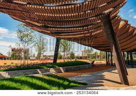 Moscow, Russia - July 06, 2018: Tufeleva roscha architecture park in Moscow. Summer day at landscape park walk
