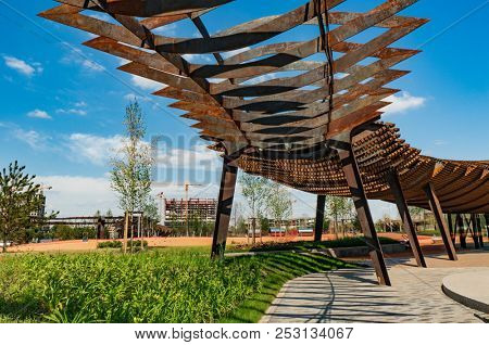 Moscow, Russia - July 06, 2018: Tufeleva roscha architecture park in Moscow. Summer day at landscape park walk