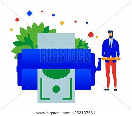 Money Maker. Man Prints Money. Vector, Flat Illustration Eps 10. Separate Objects. Isolated.