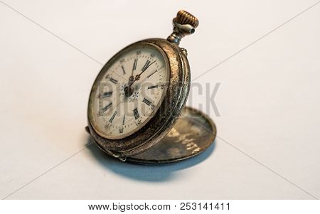 Antique Vintage Pocket Watch Very Old Small Watch Rusty On White Background