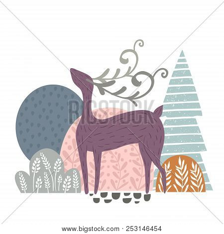 Creative Forest Print With Abstract Deer And Floral Elemnts. Vector Modern Woodland Vector Illustrat