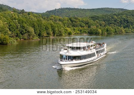 Donaustauf, Bavaria, Germany - July 27, 2018 : Renate Ship With Tourists Sails On Danube River To Wa